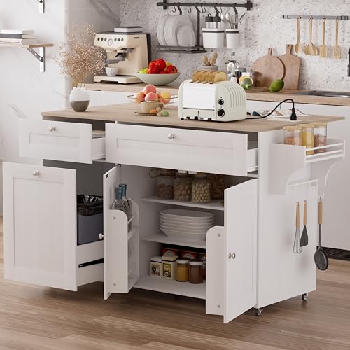 Kitchen Island on Wheels with Storage, Drop Leaf, Power Outlet, Trash Can Storage, Spice Rack, Towel Rack, Drawers N303555