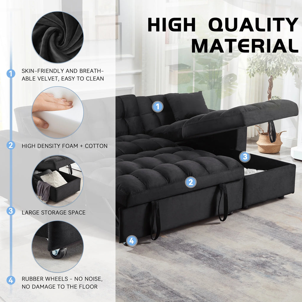 84" Black Velvet Convertible Sleeper Sofa with Storage Chaise K6691
