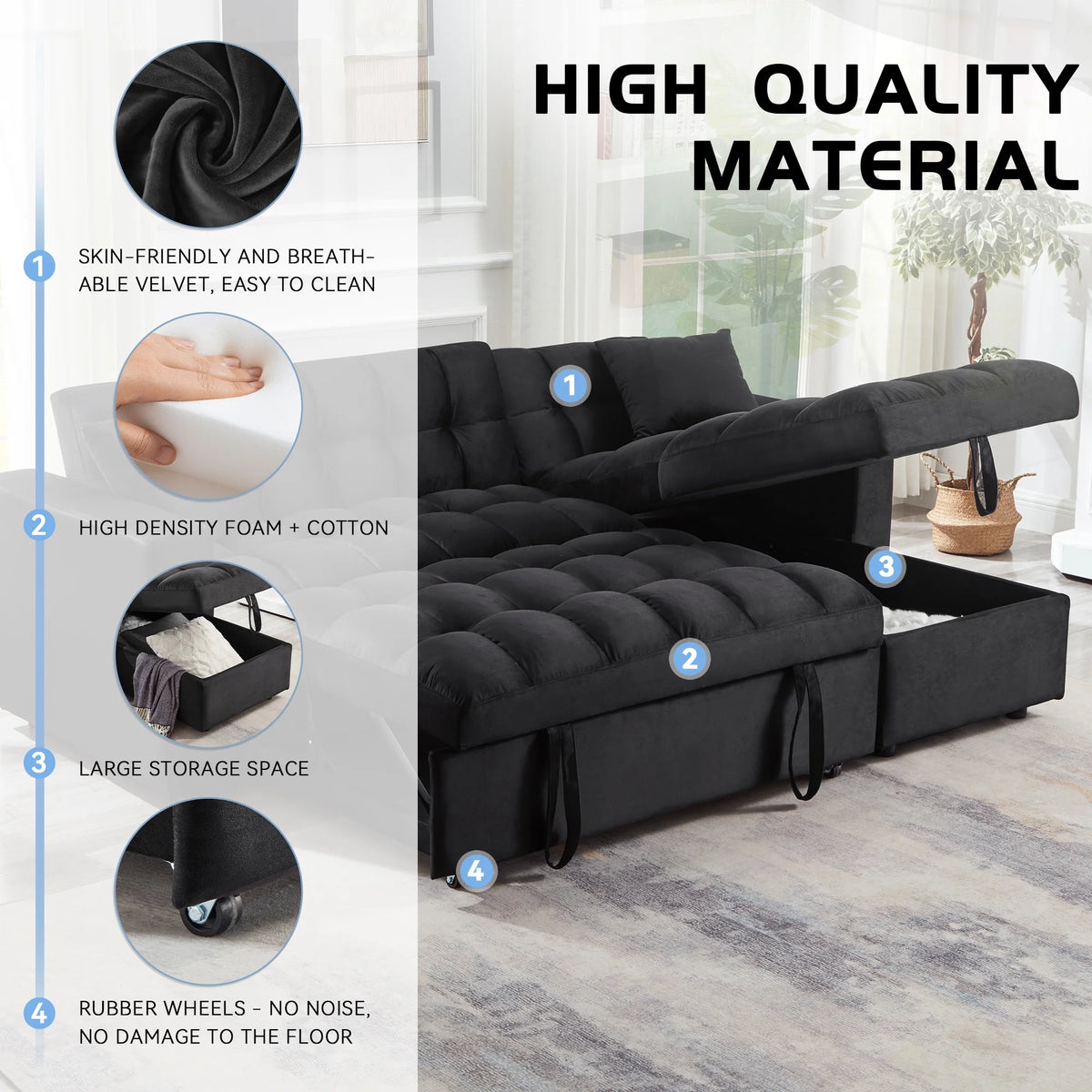 84" Black Velvet Convertible Sleeper Sofa with Storage Chaise K6691