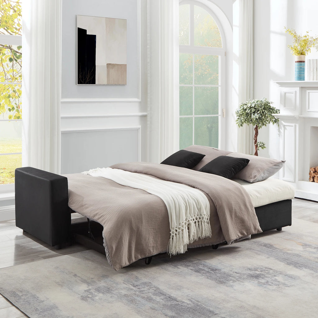 84" Black Velvet Convertible Sleeper Sofa with Storage Chaise K6691