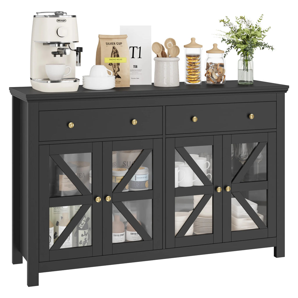 Black Buffet Cabinet with Glass Doors and Drawers Y609