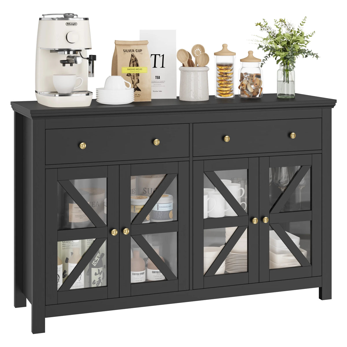 Black Buffet Cabinet with Glass Doors and Drawers Y609