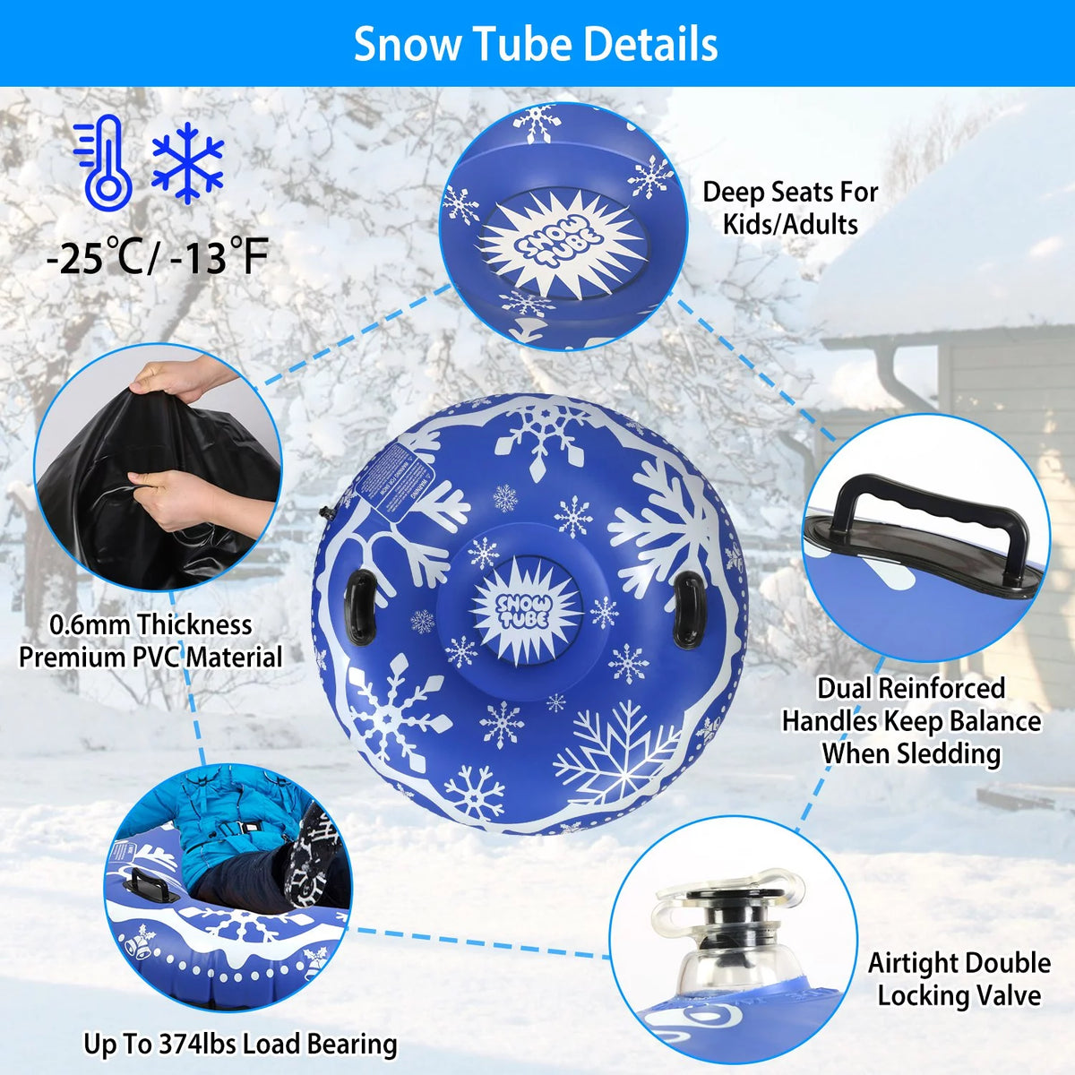 Blue 47 Inch Inflatable Snow Sled with Handles B33696