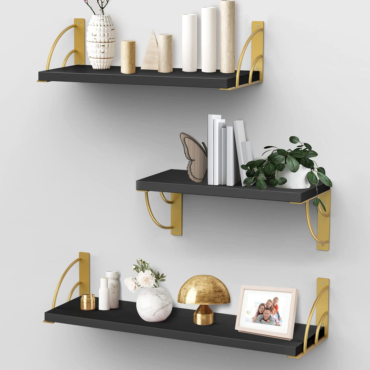 White Floating Wall Shelves Set of 3 with Metal Brackets L8586
