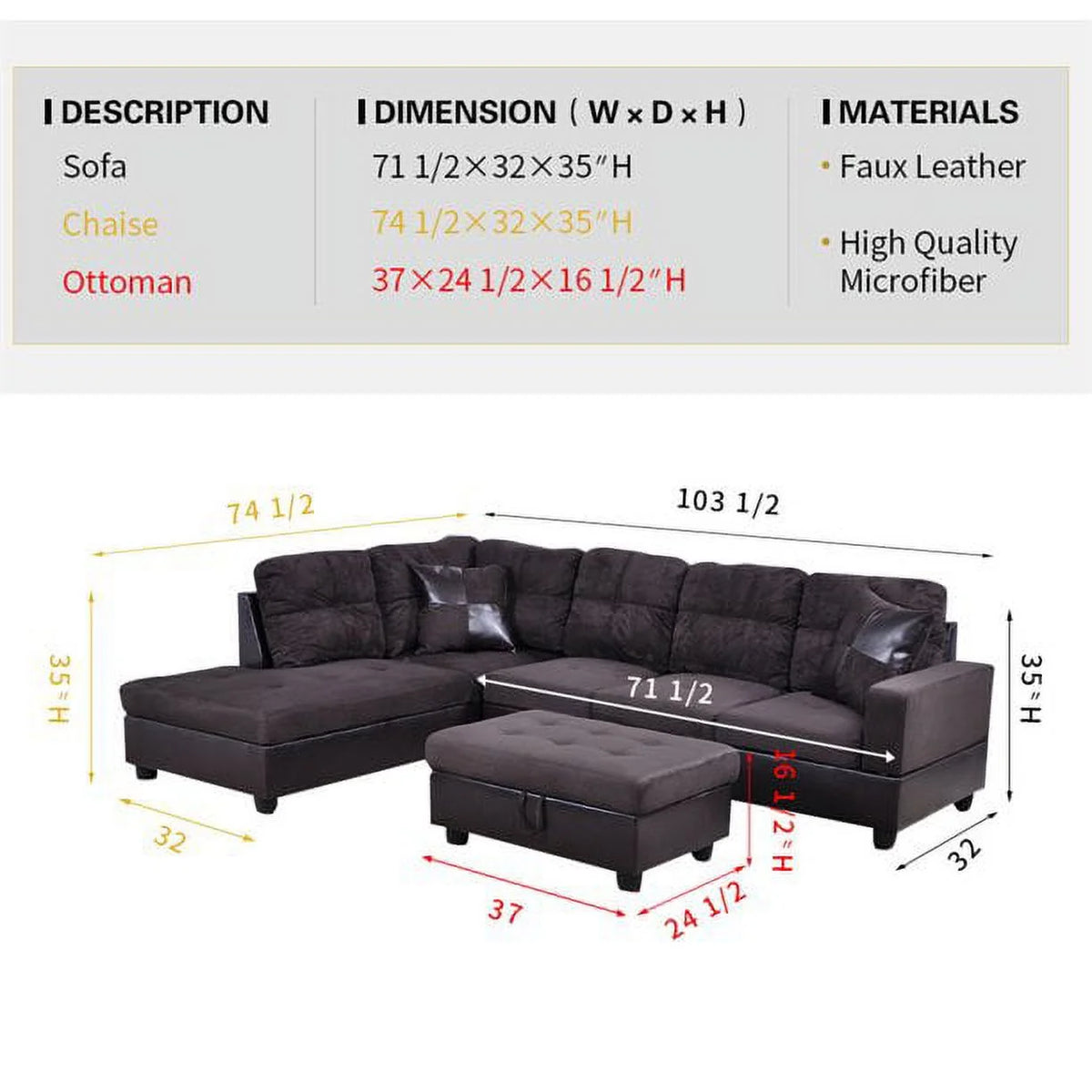 103.5" Wide Corner Microfiber Sectional Sofa with Storage Ottoman D519659