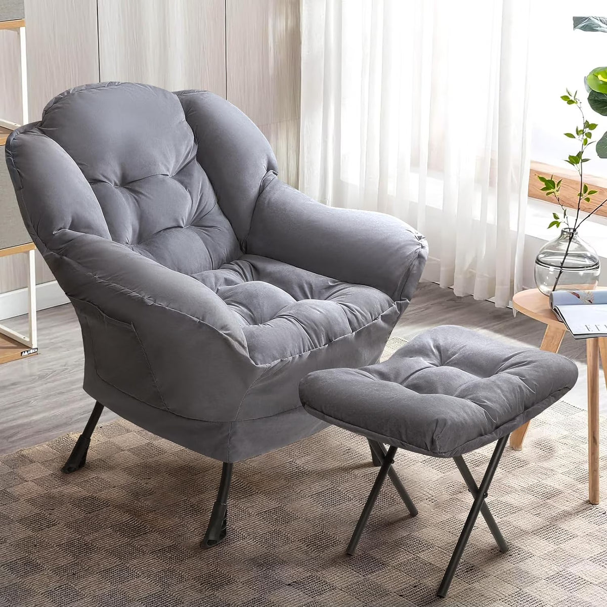 Dark Gray Fabric Accent Lounge Chair with Ottoman Y641