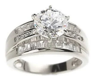 Round & Baguette Ring, Sterling Silver, Size 7 W2856