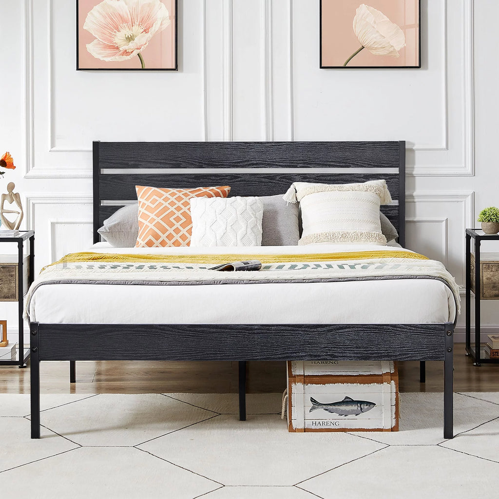 Queen Bed Frame with Wooden Headboard and Metal Slats J50116