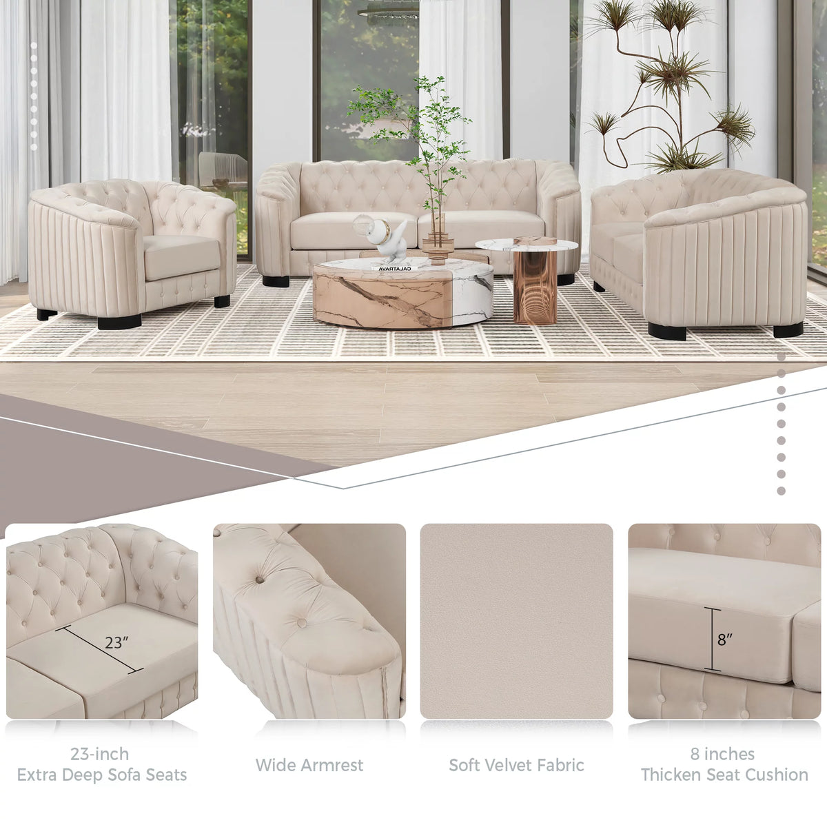 64" Beige Velvet Upholstered Loveseat Sofa C59214