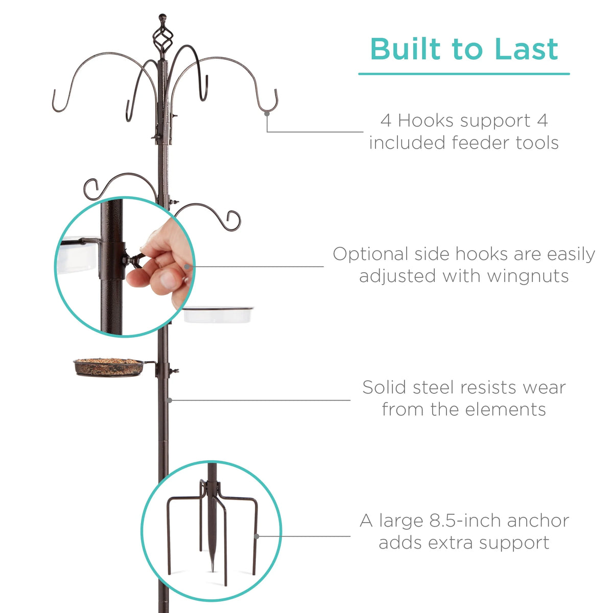 89in 6-Hook Steel Bird Feeding Station with Feeders Tray and Bird Bath G200