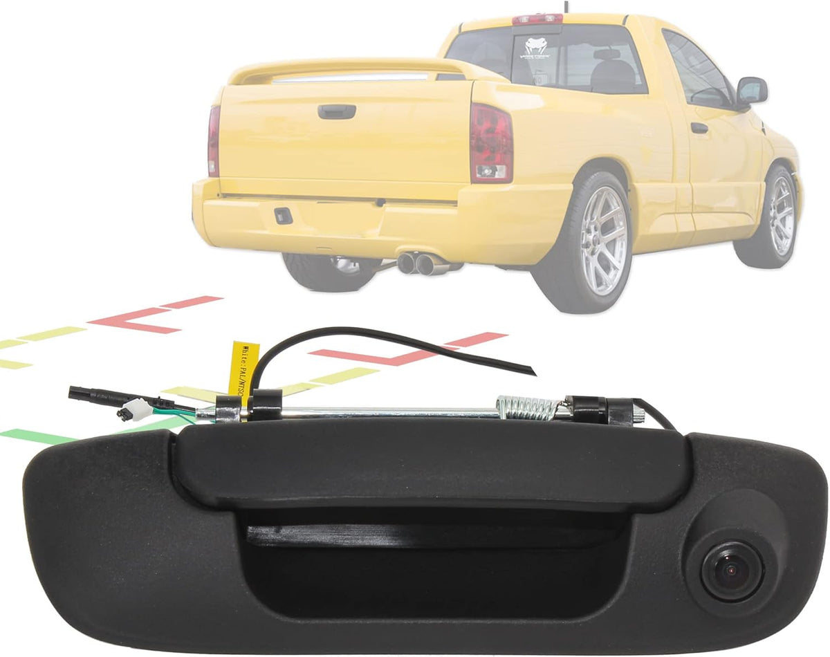 Tailgate Handle Backup Camera for Dodge Ram 1500 2500 3500 (2002-2008) Rear View Reverse Parking Camera with Optional Guideline RCA Connector (Black) Y8851