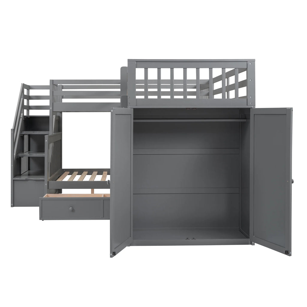 Twin-Twin Over Full L-Shaped Bunk Bed with Wardrobe and Desk V8778