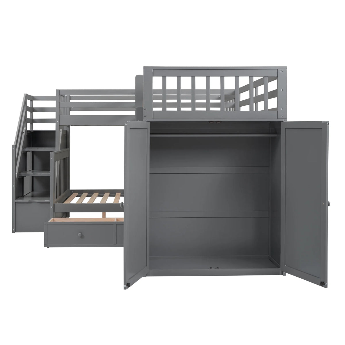Twin-Twin Over Full L-Shaped Bunk Bed with Wardrobe and Desk V8778