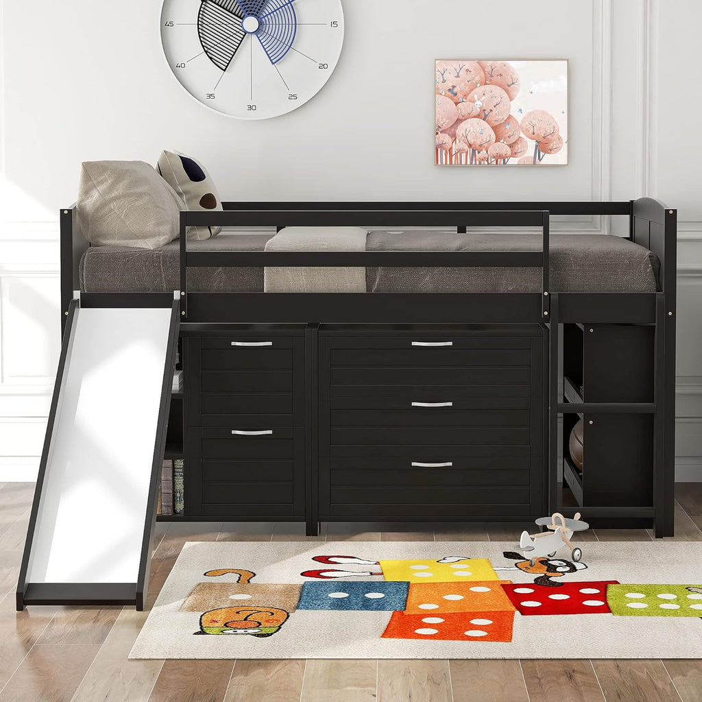 Twin Loft Bed with Desk and Cabinet Wooden Bunk Bed N1571
