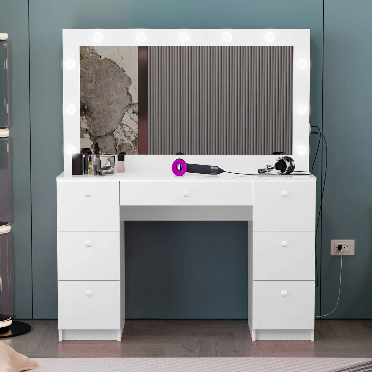 White Modern Makeup Vanity with Lights N5031