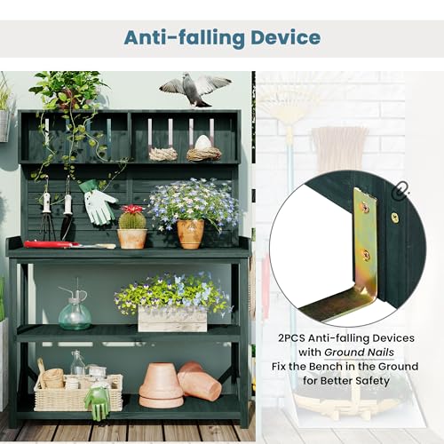 Green Wooden Potting Bench Table with Storage Shelves N41264