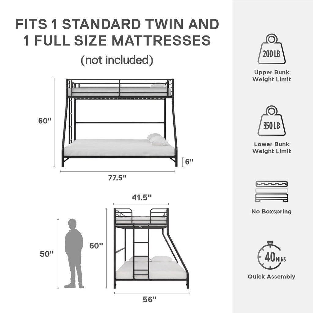 Black Twin-over-Full Metal Bunk Bed J658