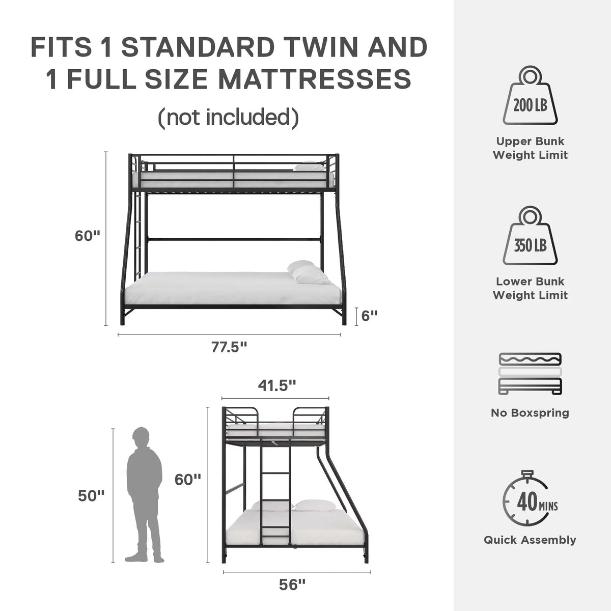 Black Twin-over-Full Metal Bunk Bed J658