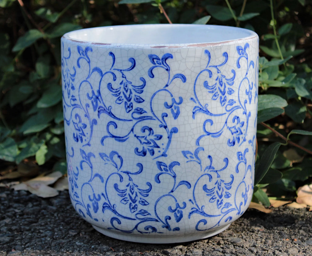 Blue and white ceramic cylindrical garden pot or planter V326