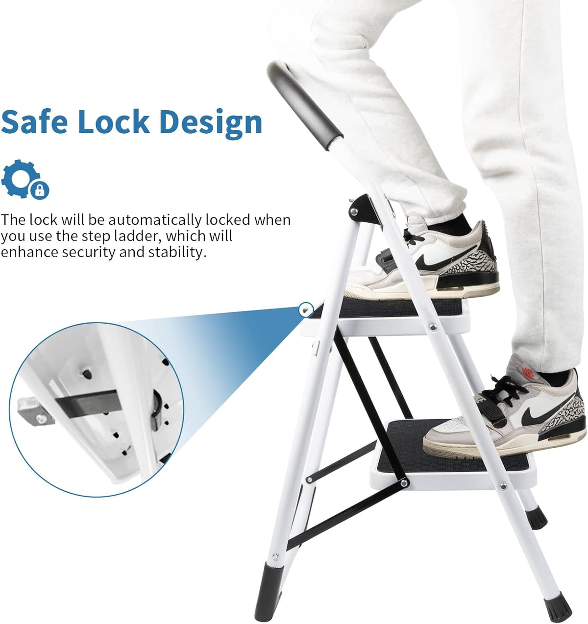2 Step Folding Ladder with Arc-Shaped Handrail Metal Anti-Slip Base Wide Pedal Lightweight 330 LB Capacity Pack of 2 X834566