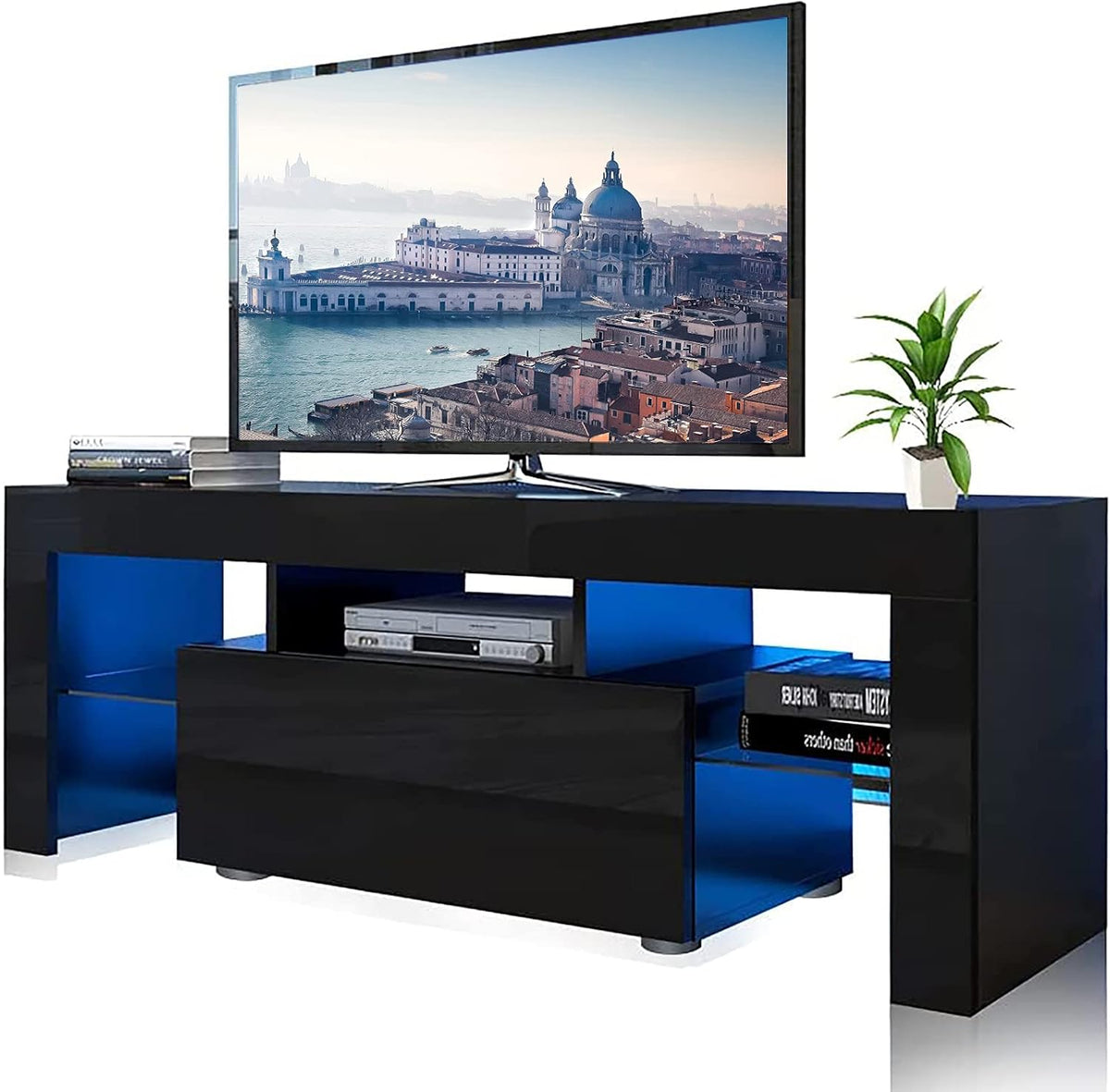 Black TV Stand with 16 LED Lights and Drawers Z610