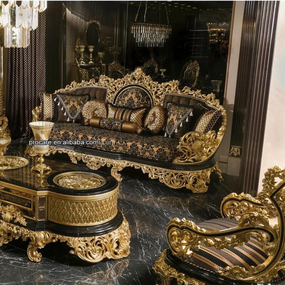 Black Gold Hand Carved Sofa Set W493423