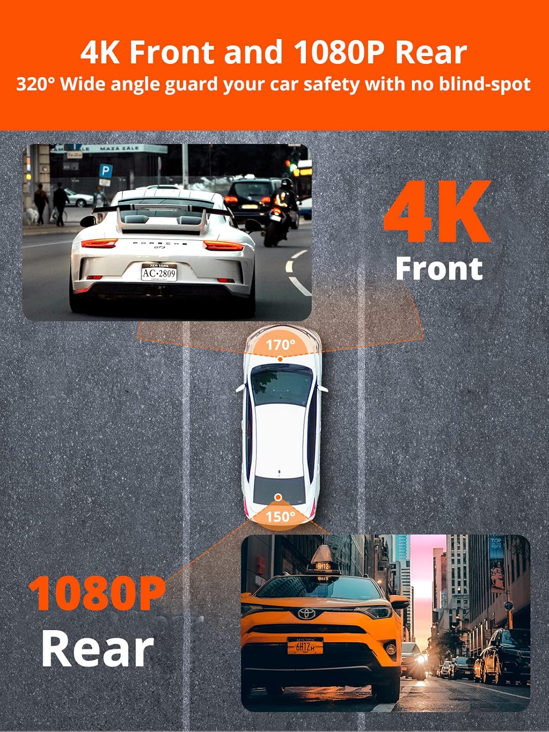 4K Front and Rear Dual Dash Cam with WiFi, Night Vision, Black Z671088
