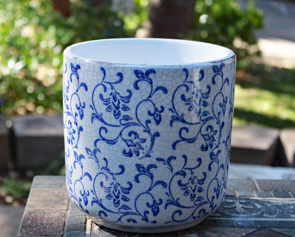 Blue and white ceramic cylindrical garden pot or planter V326