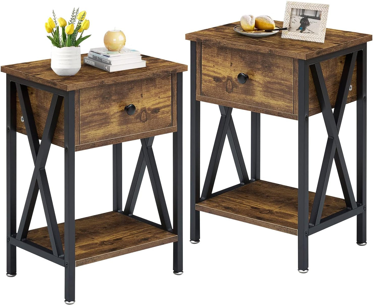 Set of 2 Antique Black Side Table with Storage Cabinet B705