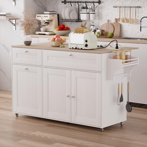 Kitchen Island on Wheels with Storage, Drop Leaf, Power Outlet, Trash Can Storage, Spice Rack, Towel Rack, Drawers N303555