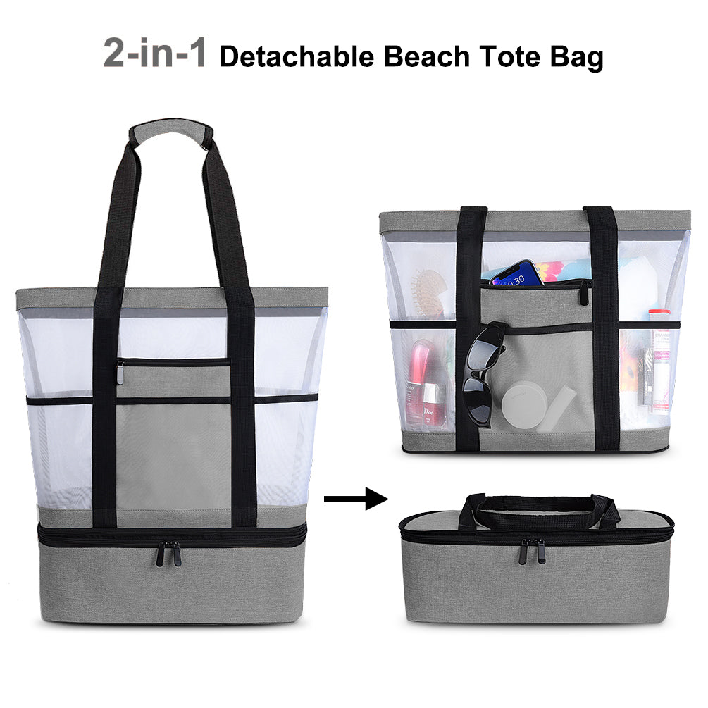 Gray Mesh Beach Tote with Zipper and Detachable Cooler A228223