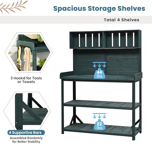 Green Wooden Potting Bench Table with Storage Shelves N41264