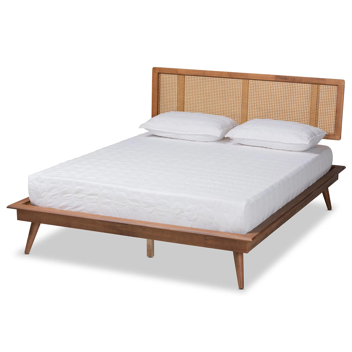 Walnut Brown Wood and Synthetic Rattan Full Size Platform Bed L905