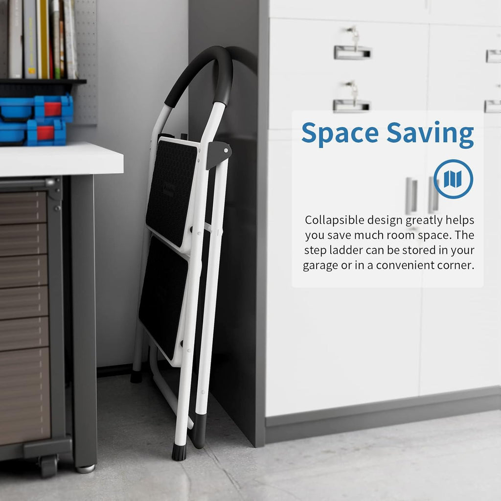 2 Step Folding Ladder with Arc-Shaped Handrail Metal Anti-Slip Base Wide Pedal Lightweight 330 LB Capacity Pack of 2 X834566