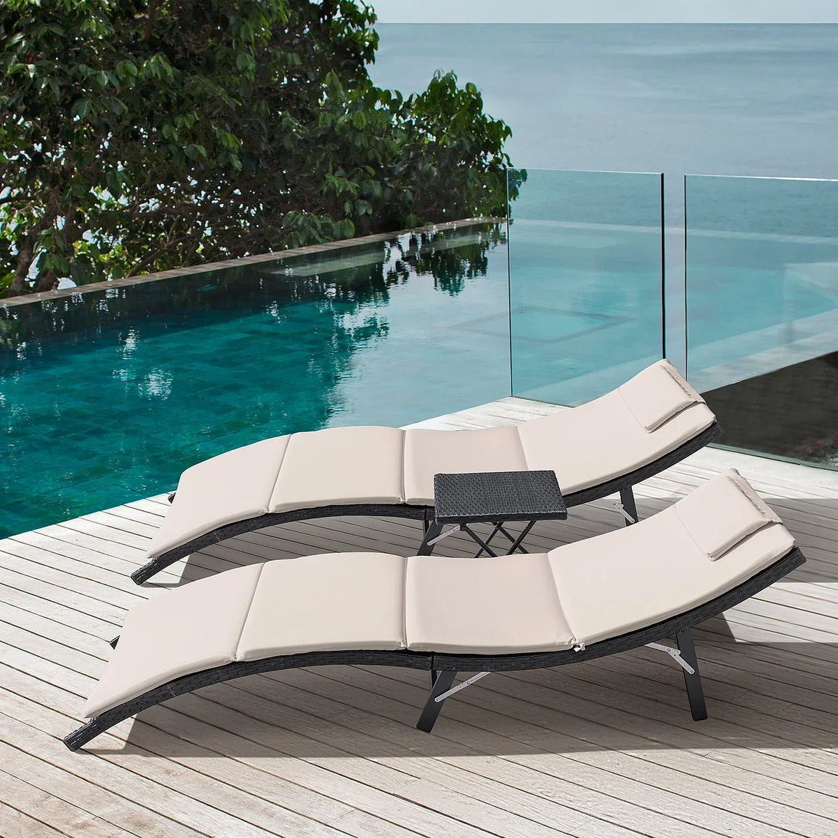 3 Pieces PE Rattan Folding Patio Chaise Chair Set with Table Z637387