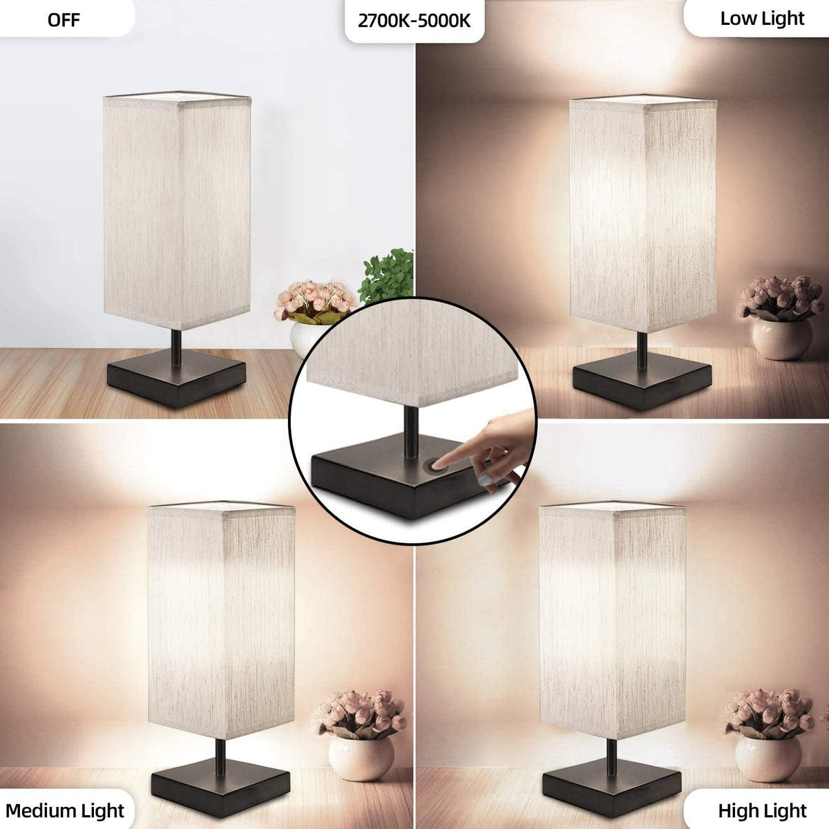 Touch Sensor Bedside Lamp Set of 2, Dimmable Table Lamp with Square Linen Fabric Shade, 4 LED Bulbs Included, Low Voltage Minimalist Nightstand Lamp M212514