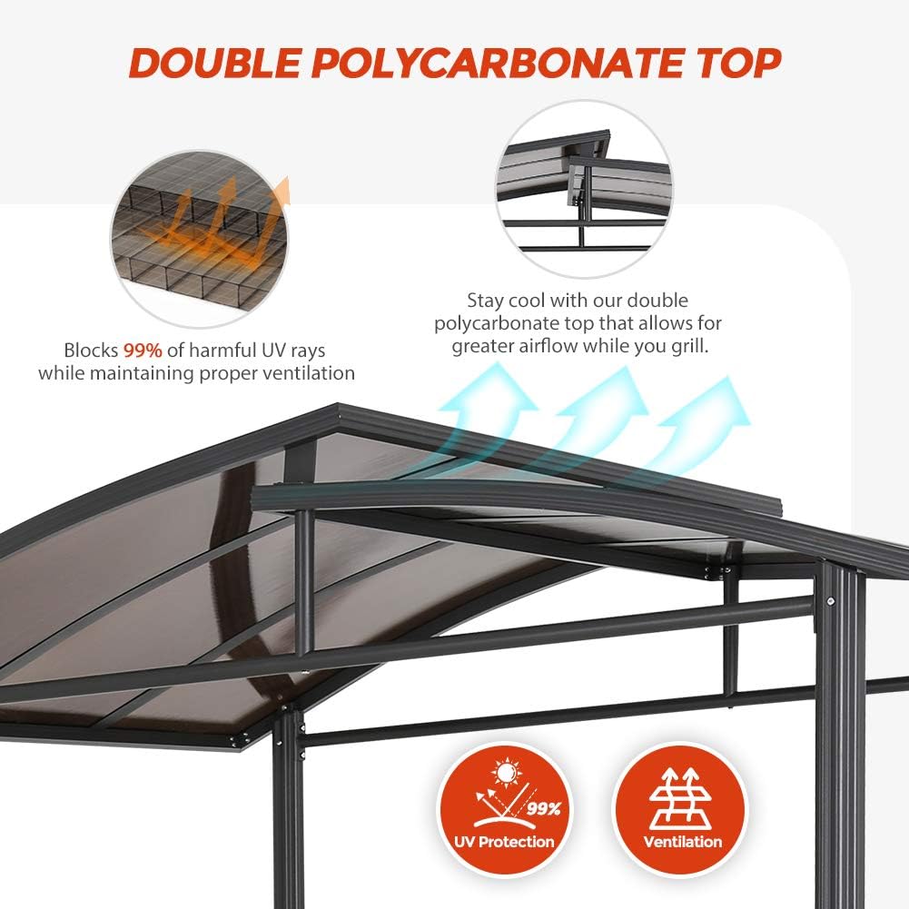 8'x5' Steel Frame Double-Tier Polycarbonate Top Grill Gazebo with Shelves I4490
