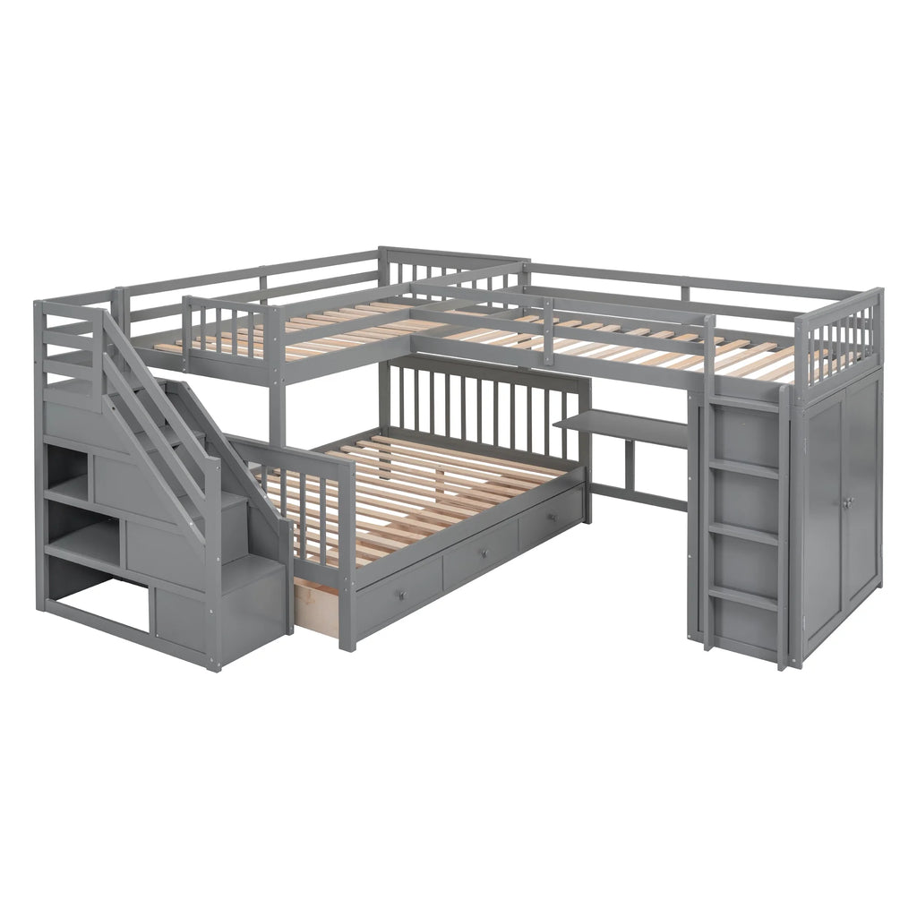 Twin-Twin Over Full L-Shaped Bunk Bed with Wardrobe and Desk V8778