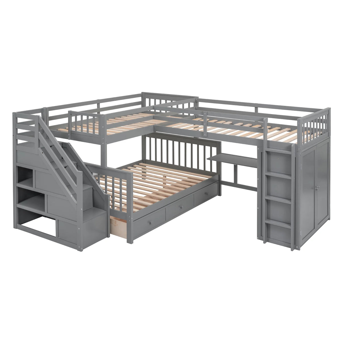 Twin-Twin Over Full L-Shaped Bunk Bed with Wardrobe and Desk V8778