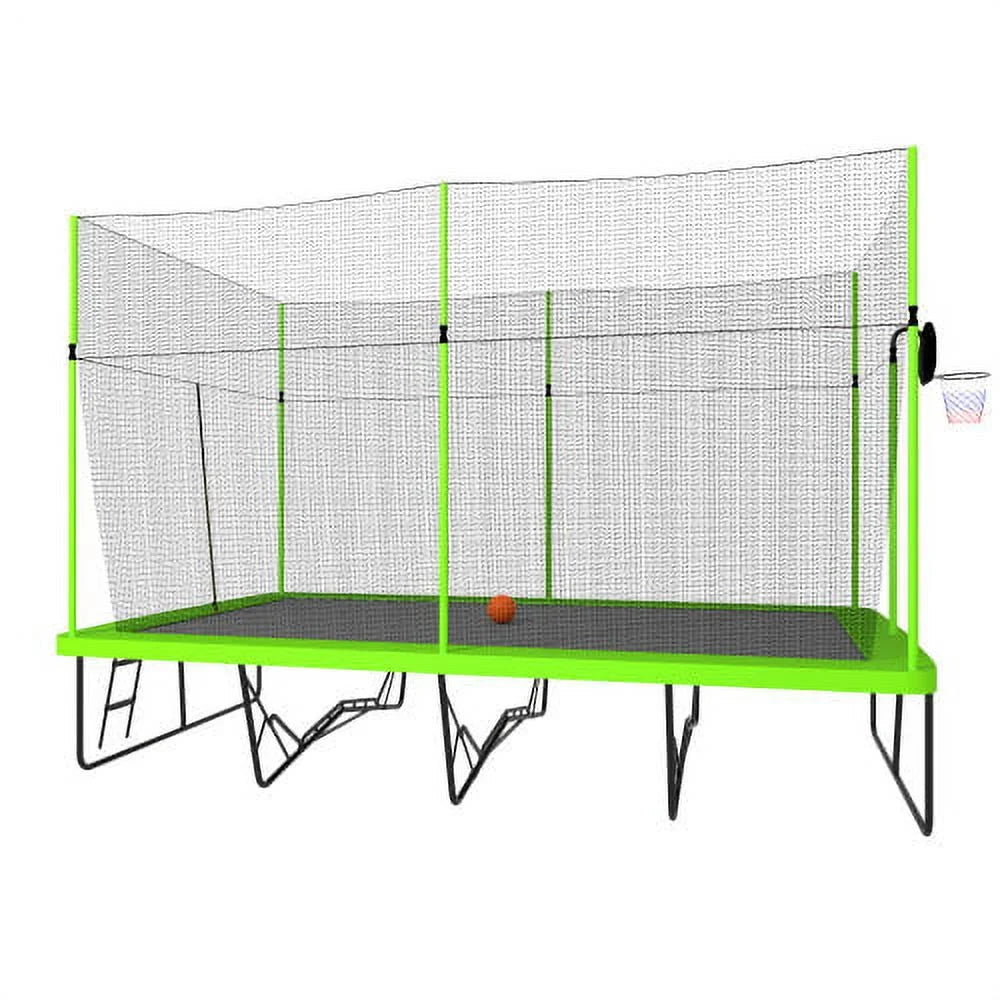 10ft by 17ft Rectangular Trampoline with Green Fabric Black Powder-coated Galvanized Steel Tubes with Basketball Hoop System B817
