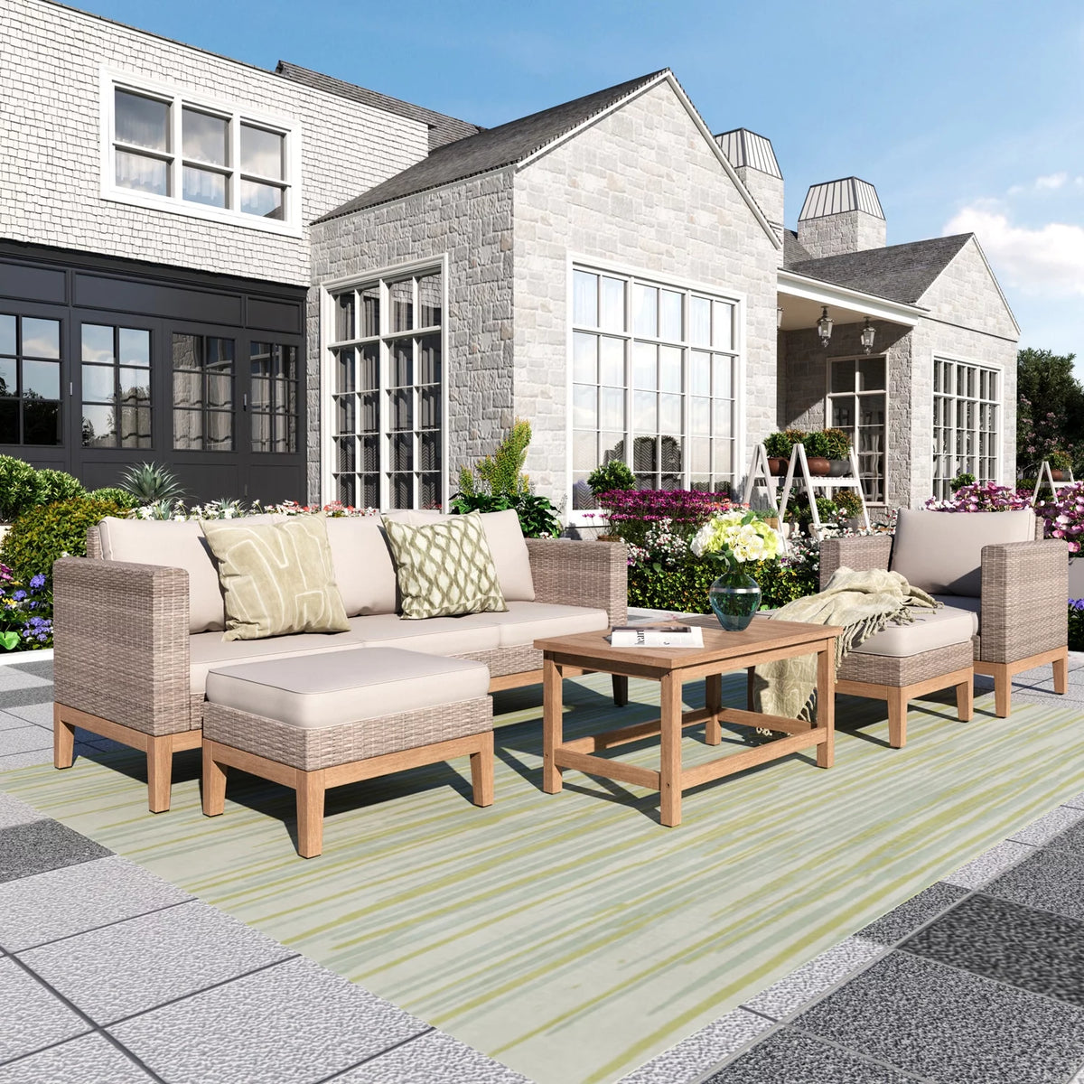 5 Pieces Wicker Patio Conversation Set with Acacia Wood Frame T329