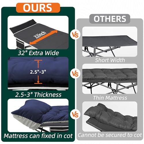 32" Extra Wide Heavy Duty Portable Camping Cot with Thick Mattress M5117