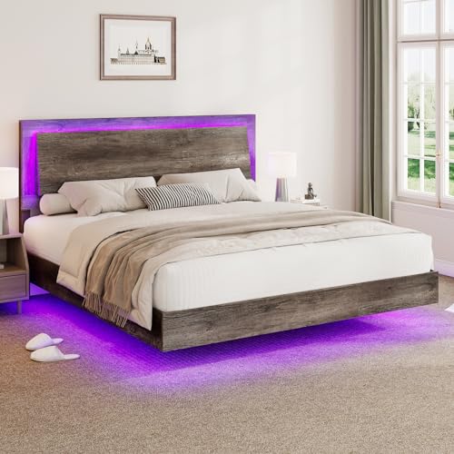 Rustic Grey Full Size Platform Bed Frame with Headboard and LED Light P580464