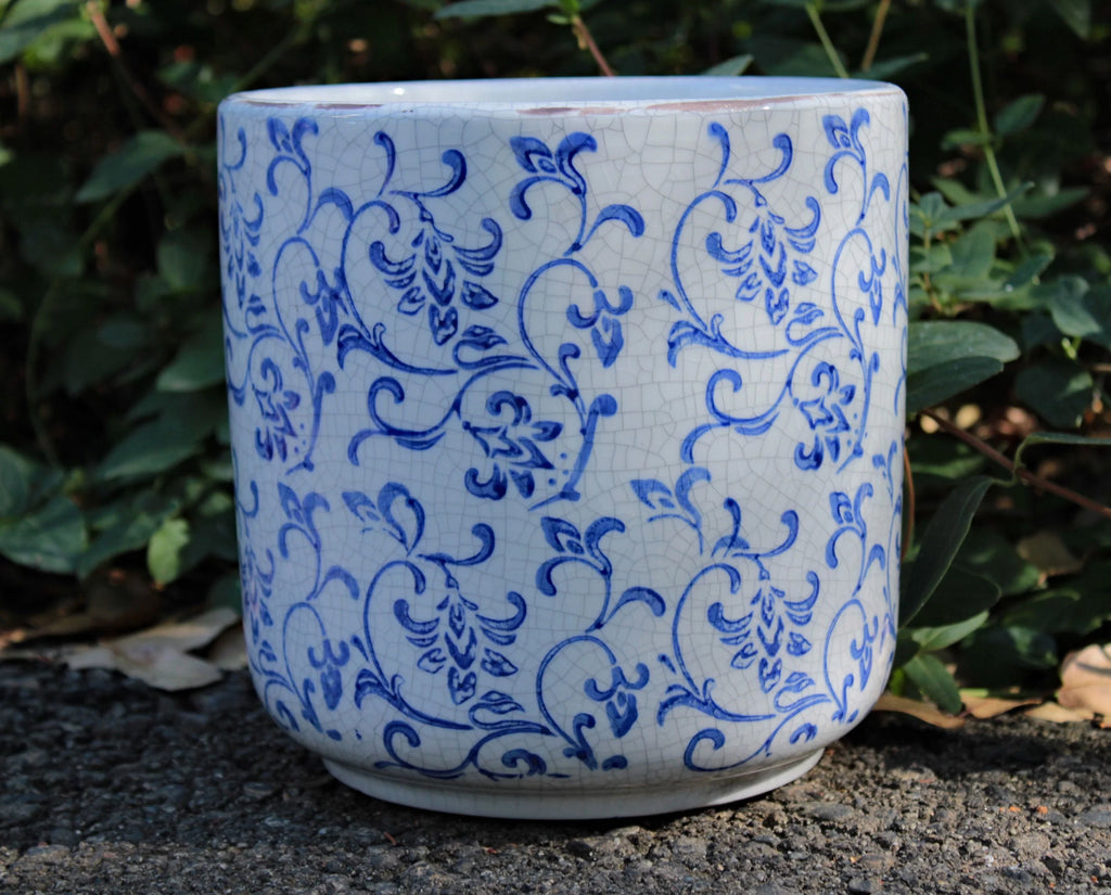 Blue and white ceramic cylindrical garden pot or planter V326