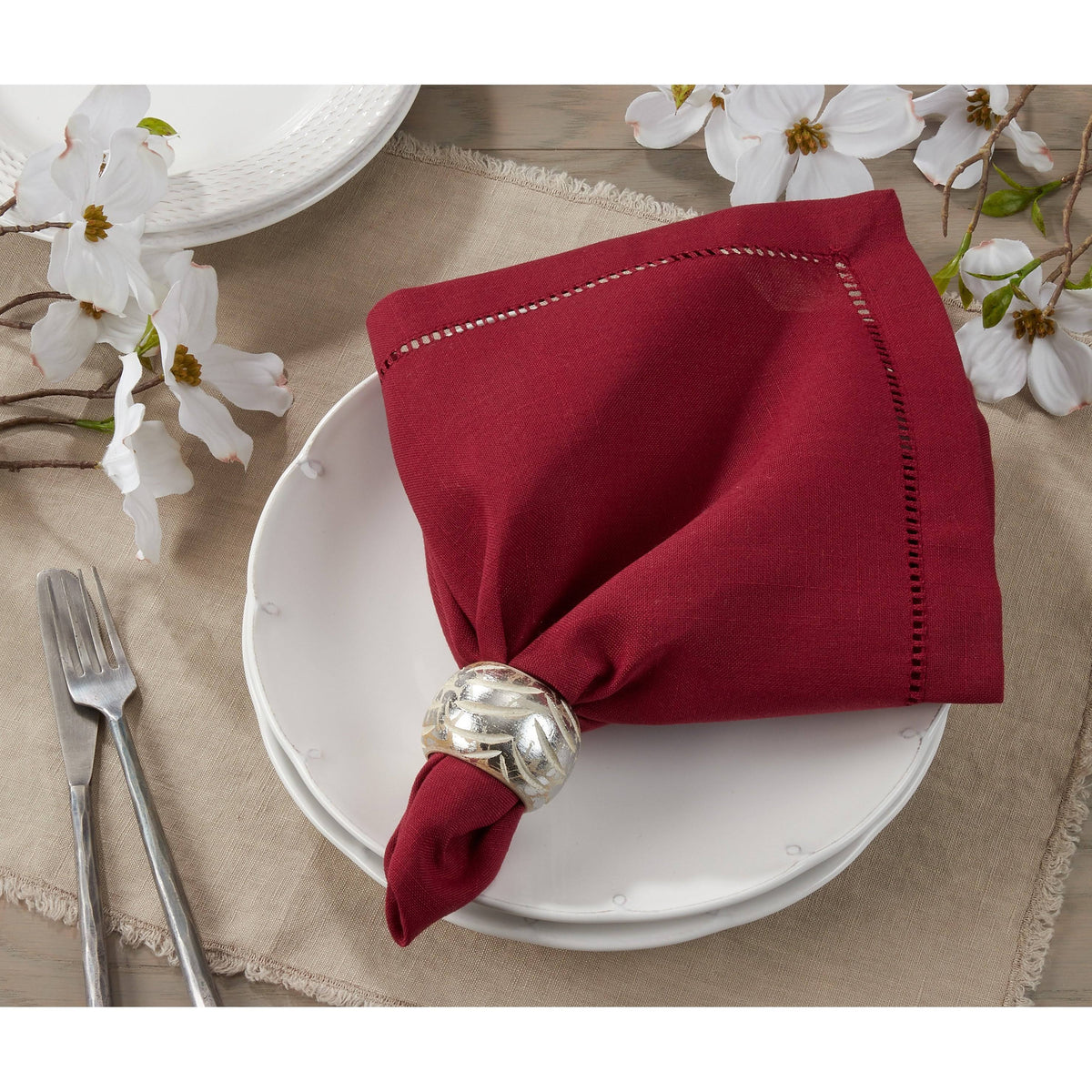 Burgundy Hemstitch Border Dinner Napkin Set of 12 E515