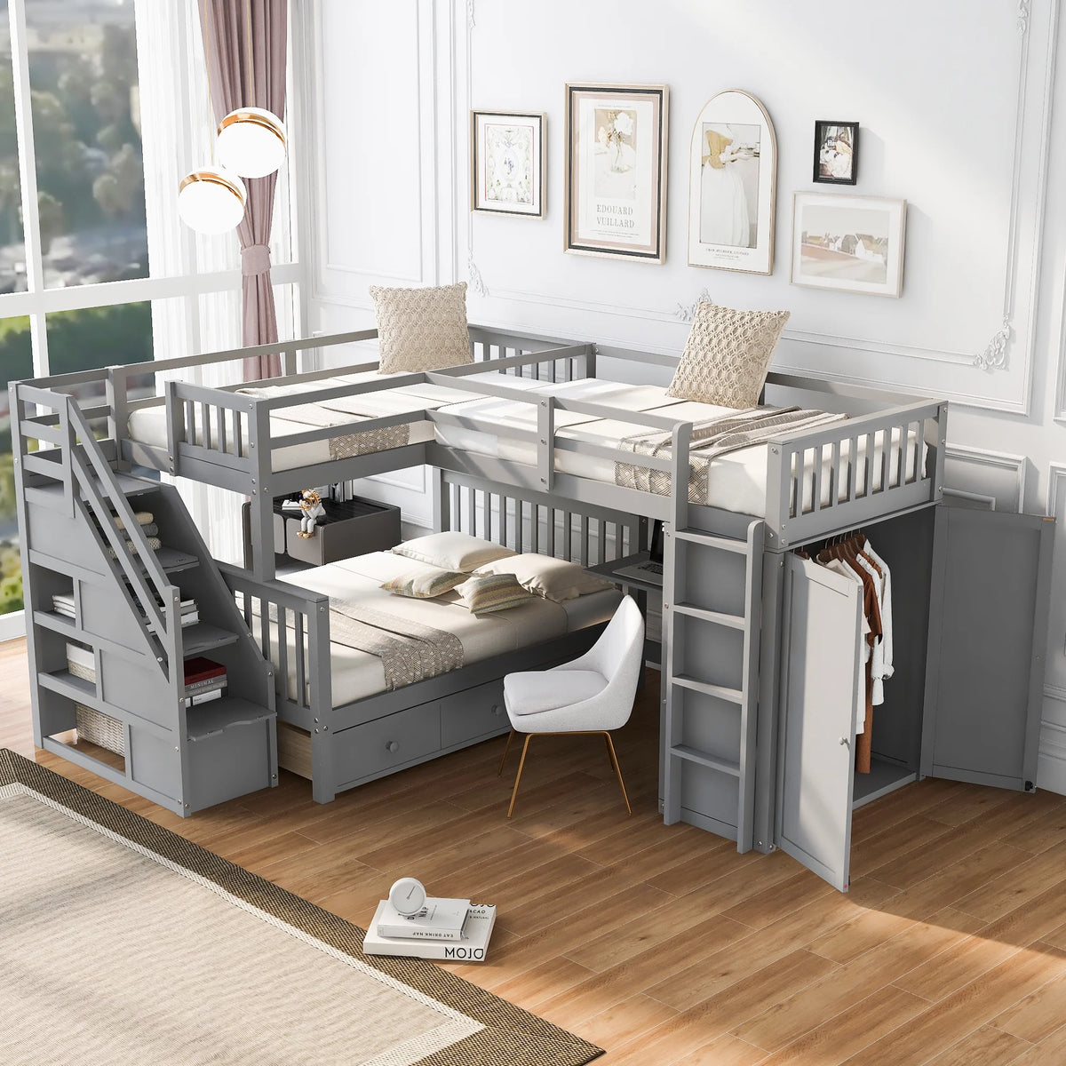 Twin-Twin Over Full L-Shaped Bunk Bed with Wardrobe and Desk V8778