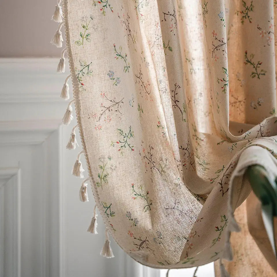 2 Panel Beige Faux Linen Floral Curtains 84 inches Long B91789