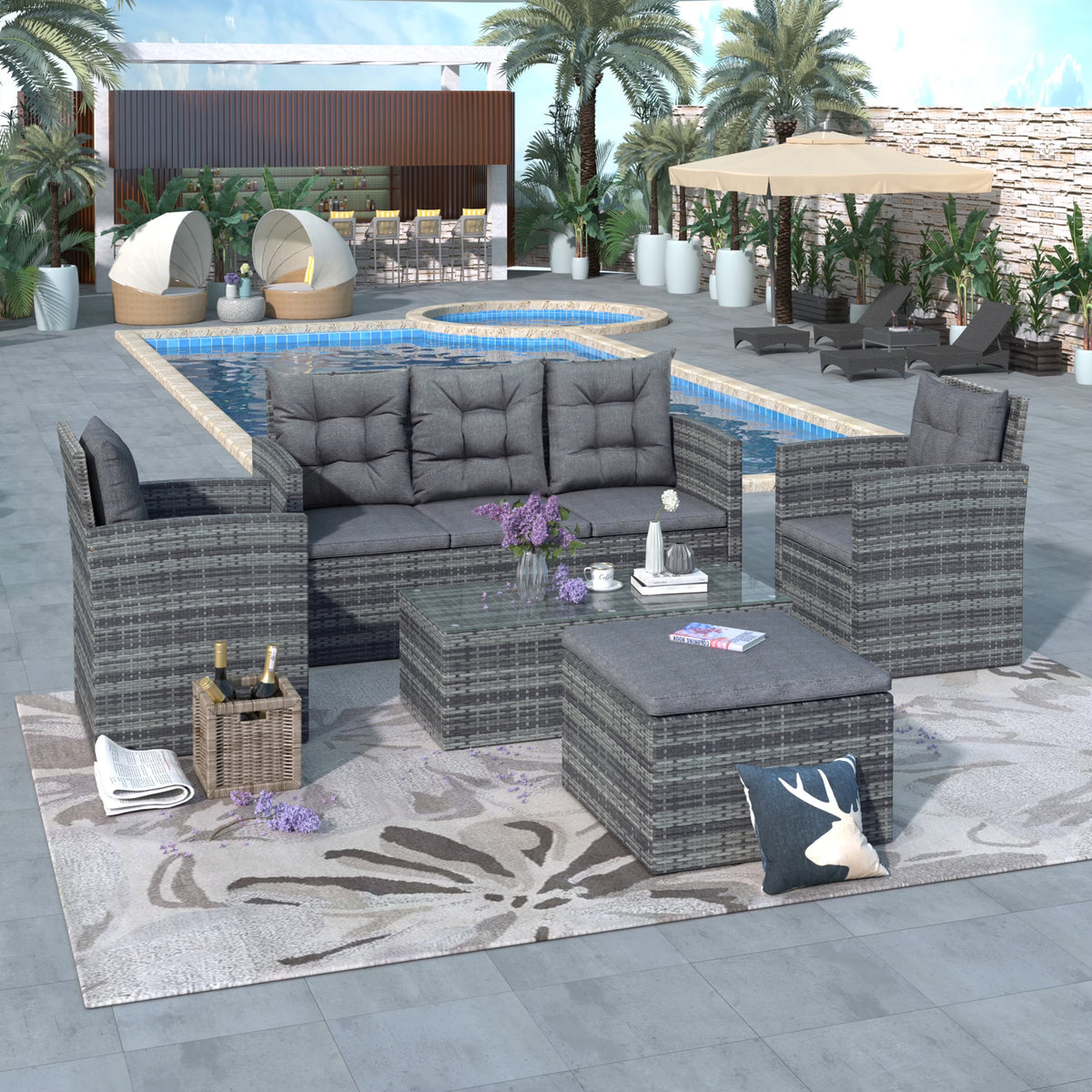 Gray 5 Piece PE Wicker Patio Sofa Set with Glass Table O802