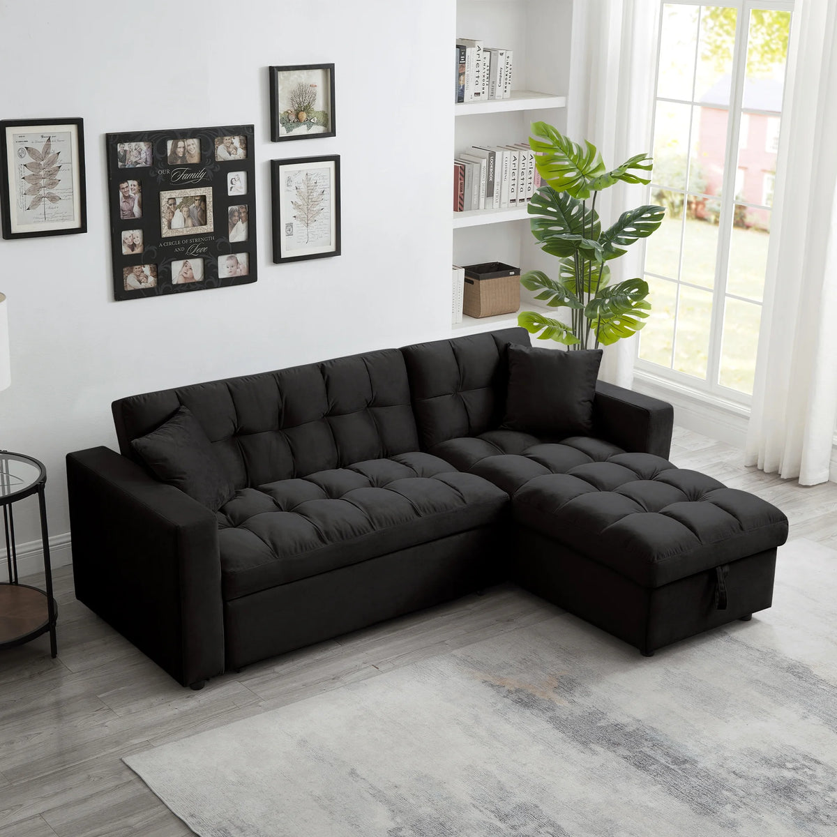 84" Black Velvet Convertible Sleeper Sofa with Storage Chaise K6691