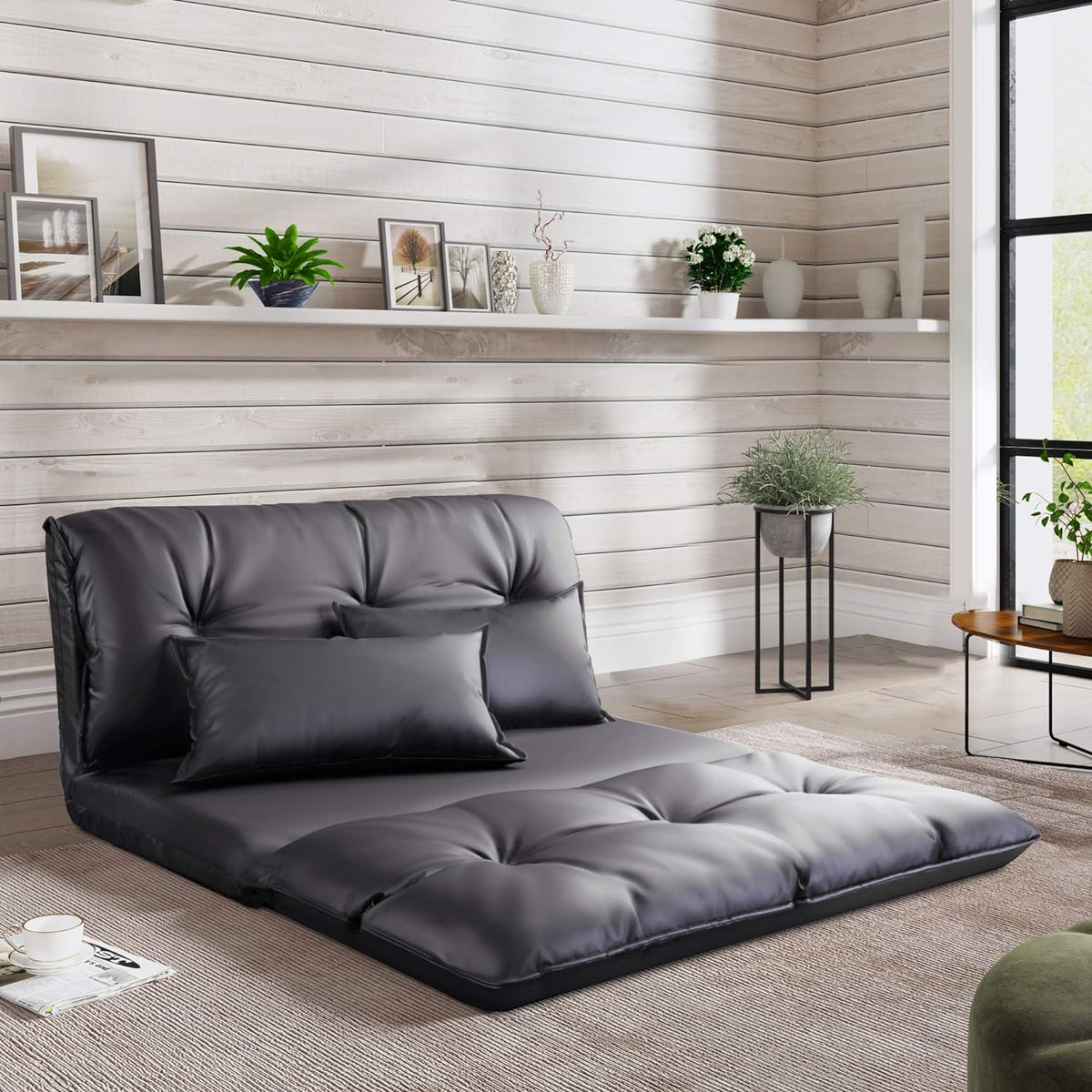 Adjustable Floor Sofa Bed with 2 Pillows, 5 Reclining Position, Black A911